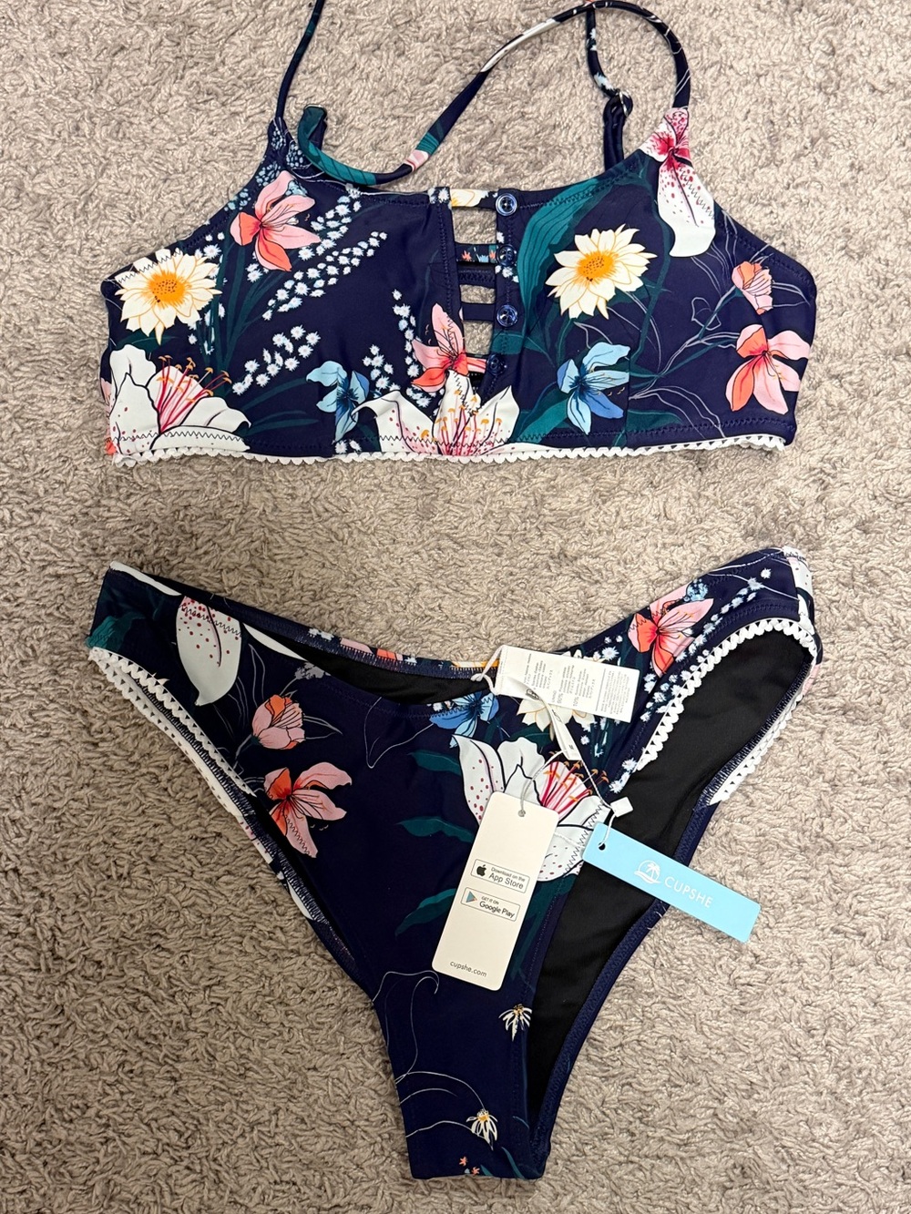 Cupshe Navy Floral Lace-Trim Bikini Set
